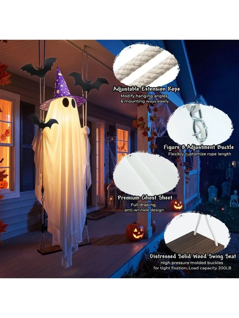 11 FT Light-Up Swinging Ghost Decor with Bat & Hat - Outdoor Halloween Yard